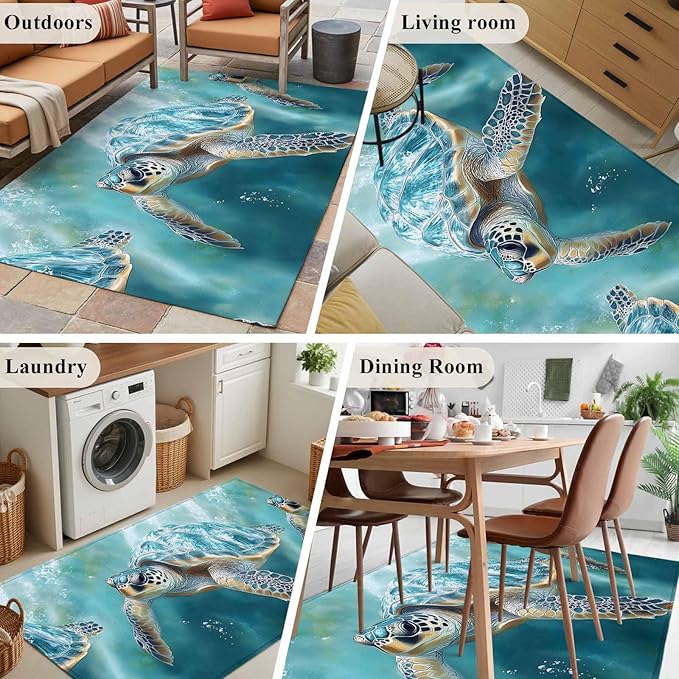 Marine Animal Area Rugs 2.7'x5', Ocean Turtle Modern Art Abstract Style Washable Area Rugs Non-Slip Indoor Floor Mats Carpet for Living Room Bedroom Dining Room