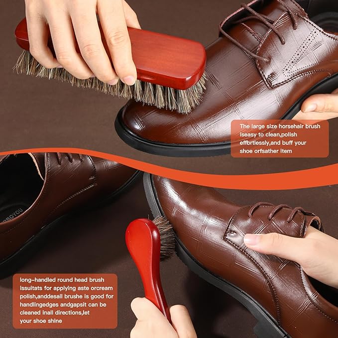 4Pcs Horsehair Shine Shoes Brush Kit, Horse Hair Brush for Leather, Cleaning Leather Shoes Boots Care Brushes with Microfiber Shoe Cloth, Horsehair Brush