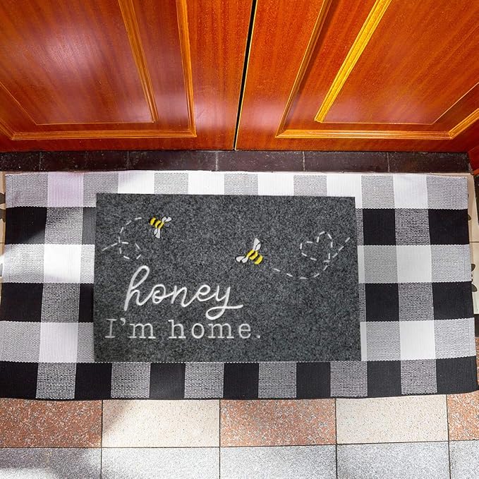 Funny Bee Doormat Honey I'm Home Cute Door Mat Welcome Mats for Front Door Kitchen Rugs Indoor Porch Outdoor Non Slip Durable Rubber Mats Grey Floor Rugs for Outside Entry Farmhouse