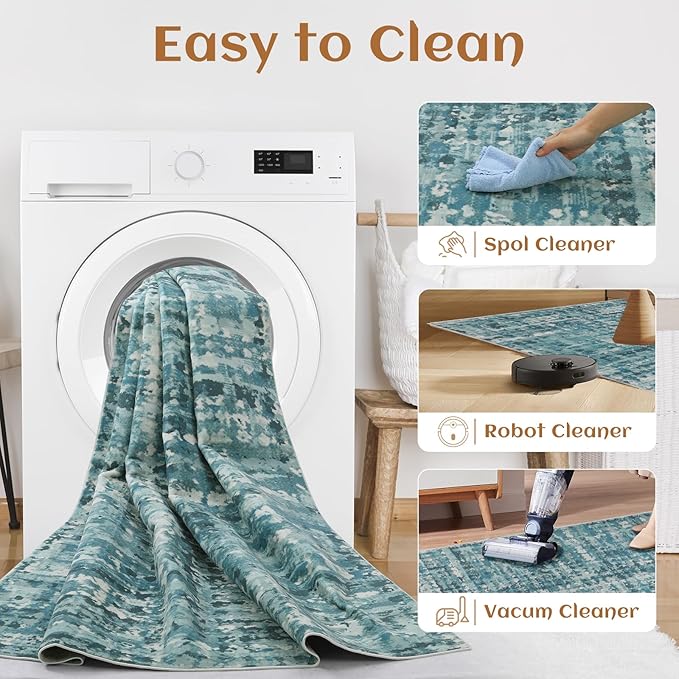 9x12 Abstract Area Rugs for Living Room, Modern Teal Blue Washable Indoor Rug for Bedroom, Thin Soft Large Non-Slip Carpet for Dining Room Home Office Farmhouse Decor