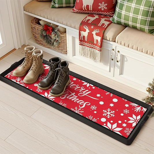 SUPENUIN Christmas Boot Tray Mat - Heavy Duty Snow & Water Catch Tray, Waterproof Rubber Shoe Mat with Lip for Entryway, Indoor & Outdoor Holiday Decor Storage (16"x48")
