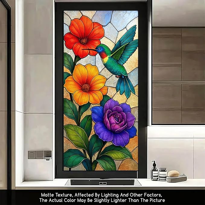 Colorful Bird Flower Privacy Film Stained Glass Style Static Cling No Glue Decorative Panel Light Filtering Cover for Kitchen Door Studio Entryway 17.7x39.3 inch