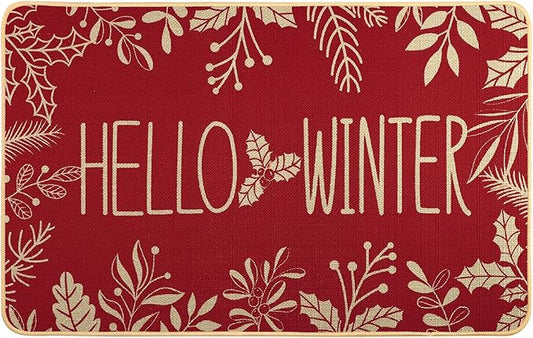 Hello Winter Door Mat Welcome Doormat, Winter Christmas Red Outdoor Rug Leaves Decor Floor Front Door Mat Non-Slip Entrance Mat for Home Kitchen Bathroom Decorations 17 X 29 Inch