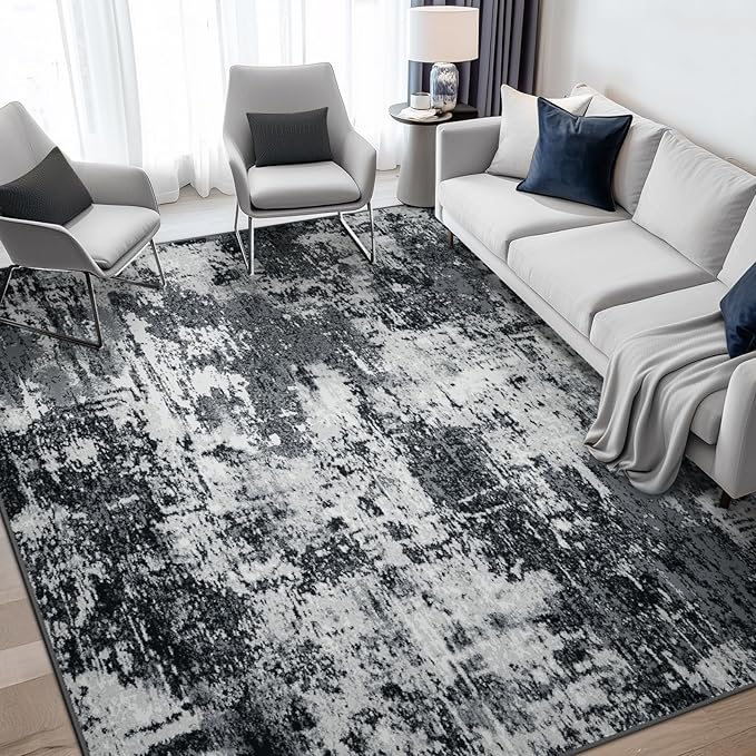 RELEANY Washable Area Rugs 6'x9' Non-Slip Modern Abstract Soft for Living Room Entryway Bedroom Nursery, Print Pattern, Black Navy Blue Gray