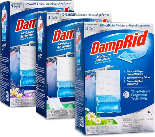 Damp Rid Hanging Bag Moisture Absorbers - 3 Packs of 3-15.4oz (Pure Linen, Lavender Vanilla, Fresh Scent) - Closet Deodorizer Odor Eliminator, 10% More Moisture Absorbing Power - Ilios Packaging