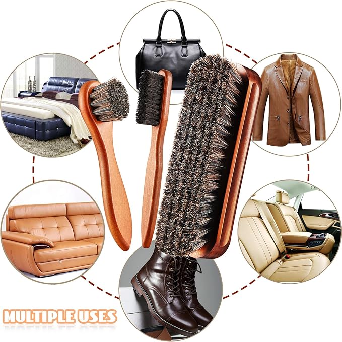 4 Pcs Horsehair Shoe Brush Kit Polishing Daubers Applicators Leather Care Brushes Shine Cleaning Cloth with Cloth(Shoe Brush Set D)