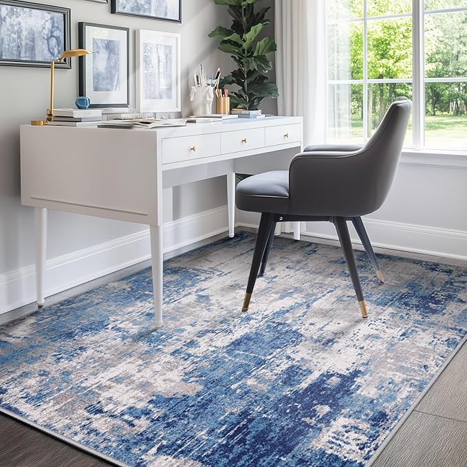 RELEANY Washable Area Rugs 7'x9' Non-Slip Modern Abstract Soft for Living Room Entryway Bedroom Nursery, Print Pattern, Blue Grey Navy Gray