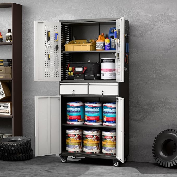 Reemoon Garage Storage Cabinet with Wheels and Doors,71" H Metal Storage Cabinet with Pegboard and 2 Drawers for Garage, Warehouse,Home,Required Assembly,Black and Silver
