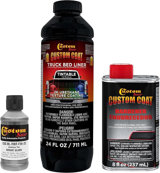 Custom Coat Bright Silver 1 Quart Urethane Spray-On Truck Bed Liner Kit - Easy Mixing, Just Shake, Shoot - Professional Durable Textured Protective Coating, Prevent Stop Rust - Car, Auto Equipment