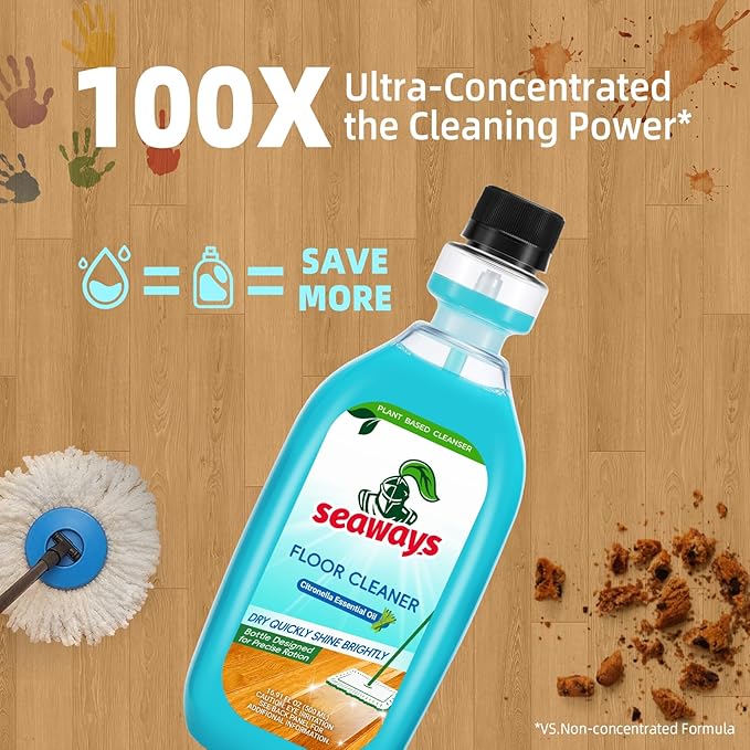 Seaways Robot Mop Cleaning Solution,100X Concentrated Floor Cleaner compatible with All Robot Vacuum and Mop,Plant-Based, Pet-Safe Formula for Hardwood,Tile, Laminate,Vinyl,16.9 Fl Oz(Pack of 4)