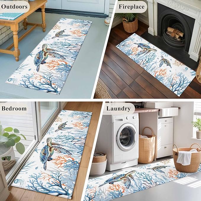 Sea Turtle Runner Rug 2'x6', Seagrass Coral Starfish Hallway Runner Rugs Washable Non-Slip Bedside Floor Mats Carpet for Kitchen Bedroom Laundry Room Bathroom