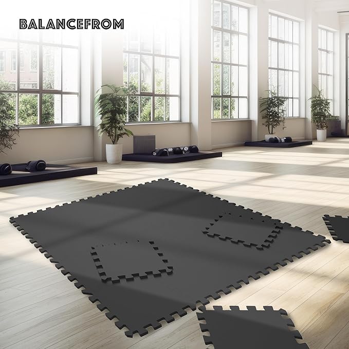 BalanceFrom Puzzle Exercise Mat 1/2' Thick, EVA Interlocking Foam Floor Tiles for Home Gym, Mat for Home Workout Equipment, Floor Padding for Kids, Black, 24 in x 24 in x 1/2 in, 24 Sq Ft - 6 Tiles