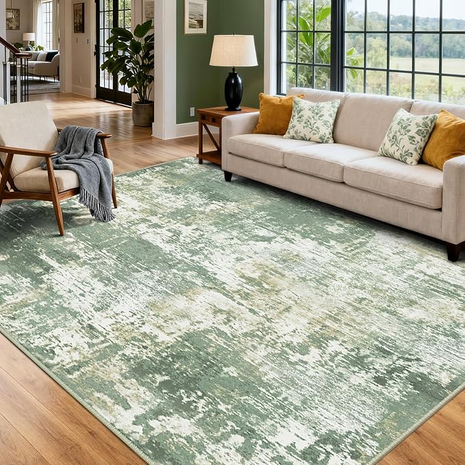 RELEANY Washable Area Rugs 7'x9' Non-Slip Modern Abstract Soft for Living Room Entryway Bedroom Nursery, Print Pattern, Light Green/Yellow