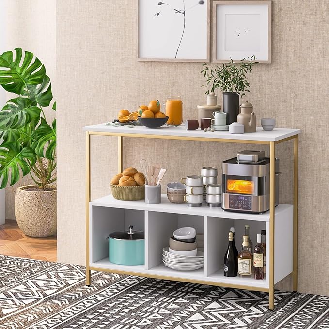 Giantex Buffet Sideboard, Wooden Cupboard, Kitchen Pantry w/Spacious Countertop, Large Open Shelf, 3 Cube Storage Cabinet, Sturdy Rustproof Steel Frame, Modern Stationary Island, White & Golden