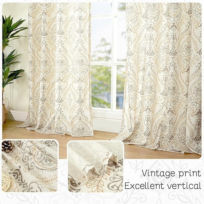 LAMIT Linen Curtains 54 inch Length 2 Panels for Living Room, Light Filtering Linen Sheer Curtains Grommet Vintage Damask Flower Pattern Window Drapes for Bedroom, 52 x 54 Inch, Yellow