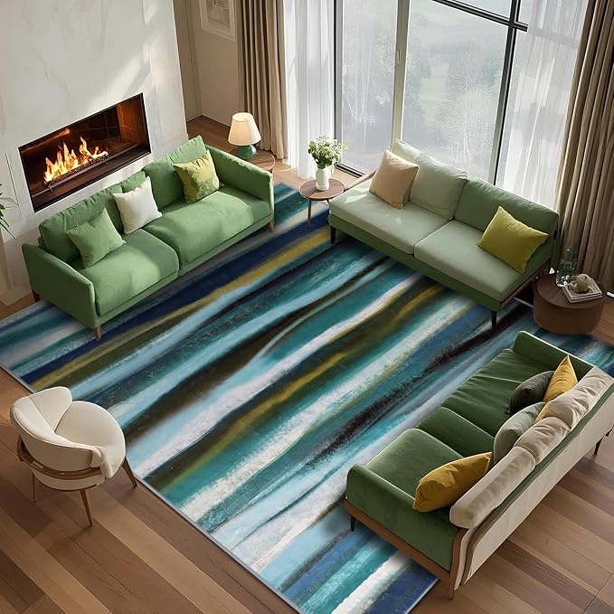 Abstract 3x5 Area Rug, Modern Stripe Teal Rugs for Entryway, Washable Soft Door Mat Non-Slip Floor Carpet for Dining Room Kitchen Bedroom - Teal/Multi