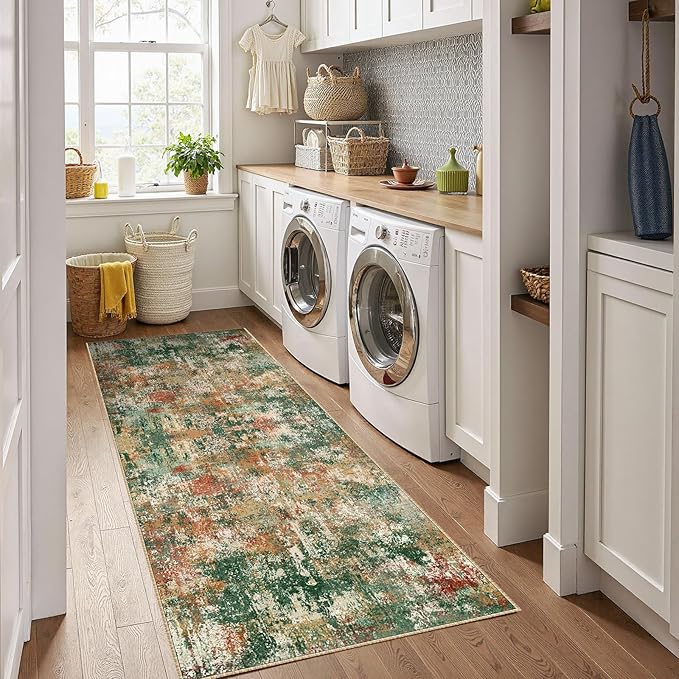 RELEANY Washable Area Rugs 2'x8' Non-Slip Modern Abstract Soft for Living Room Entryway Bedroom Nursery, Print Pattern, Green Orange Rust Red Cream Colorful