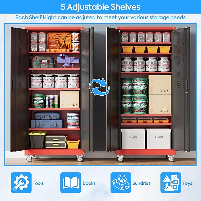 Reemoon 71" H Metal Garage Storage Cabinet with 5 Adjustable Shelves and Pegboard,Steel Storage Cabinet with Wheels for Garage Home Office Utility Room,Required Assembly, Red and Black
