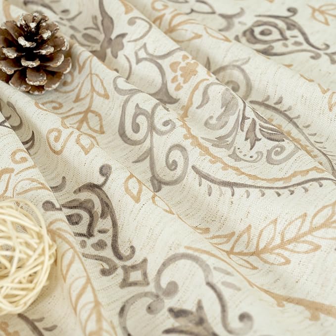 LAMIT Yellow Linen Curtains 90 inches for Living Room, Grommet Faux Linen Curtains Light Filtering Vintage Damask Flower Pattern Window Drapes for Bedroom, 2 Panels Each 52 x 90 Inch