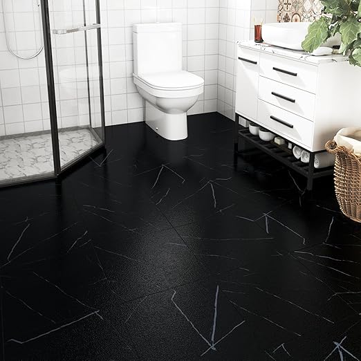 Wallercity Marble Black Peel and Stick Floor Tile 16PCS Self Adhesive Waterproof Stick on Floor Tiles Vinyl Flooring Stickers for Kitchen Bathroom Living Room 12''x12'' Matte Marble Black Tiles Sheets