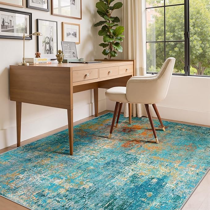 RELEANY Washable Area Rugs 8'x10' Non-Slip Modern Abstract Soft for Living Room Entryway Bedroom Nursery, Print Pattern, Teal Blue Green Orange Rust Red Colorful