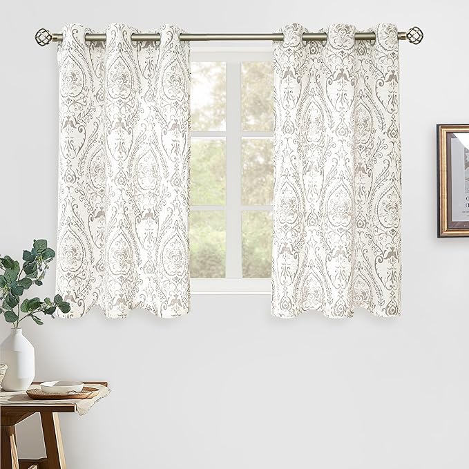 LAMIT Linen Curtains 40 inch Length for Small Windows, Light Filtering Semi Sheer Linen Curtains Grommet Vintage Damask Flower Pattern Drapes for Half Windows/Cafe, 2 Panels, 34 x 40 Inch, Taupe