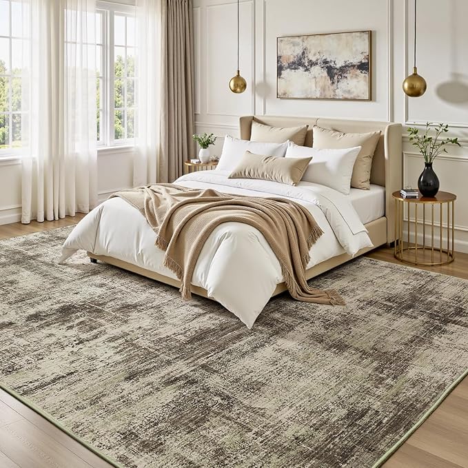 Lofus 9x12 Area Rug for Living Room, Brown Abstract Large Rugs with Non-Slip Backing, Neutral Modern Washable Carpet for Bedroom Dining Room Home Office Nursery Indoor