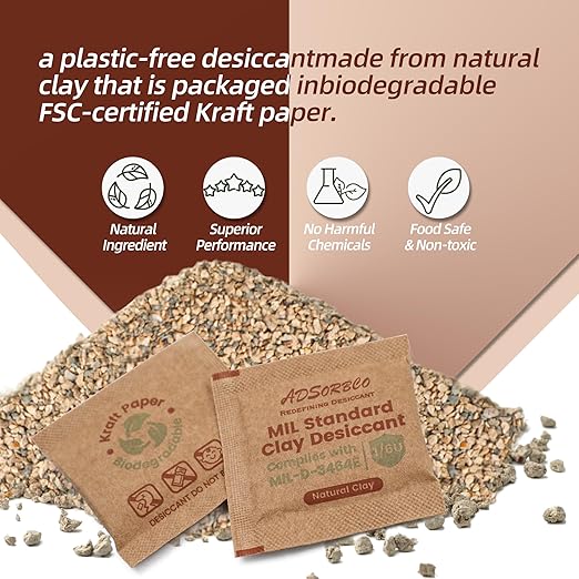 ADSorbco 6g x 100 Pack Bentonite Clay Desiccant Packs– Food Grade Moisture Absorbers for Pet Food, Tea, Dry Grains, Spices, Storage Bins – Silica Gel Packets Alternative, Desiccant Packs for Storage