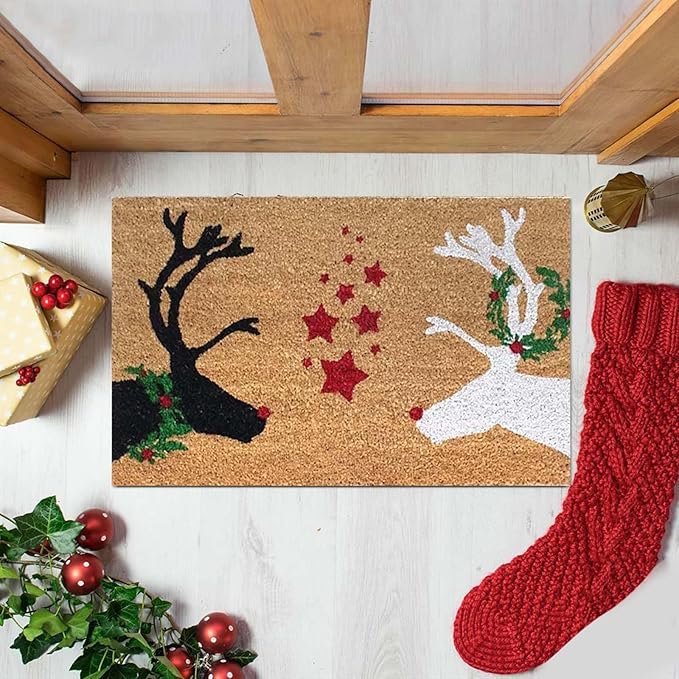 Reindeer Christmas Door Mat, Xmas Rug Christmas Decorations, Non-Slip Reindeer Welcome Doormat for Front Door, Indoor Outdoor Holiday Rug for Home Kitchen Floor Christmas Decor 16 X 24 Inch