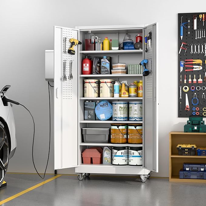 Reemoon 71" H Garage Storage Cabinet with Wheel, Metal Storage Cabinet with Doors,5 Adjustable Shelves and Pegboard for Garage Home Office,Required Assembly,White,71" H×32" W×16" D