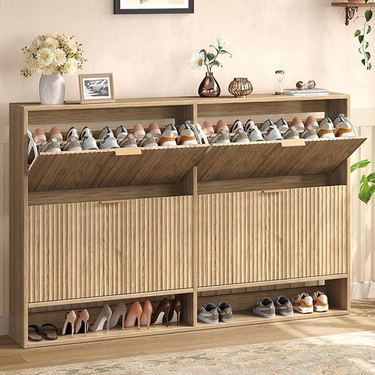 Hootata 47.2''W Oak Shoe Storage Cabinet for Entryway with 4 Flip Drawers, Narrow Wood Fluted Shoe Rack Cabinet,Freestanding Slim Shoe Organizer Cabinet for Foyer, Hallway