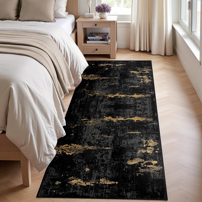 RELEANY Washable Area Rugs 2'x8' Non-Slip Modern Abstract Soft for Living Room Entryway Bedroom Nursery, Print Pattern, Dark Black Gold