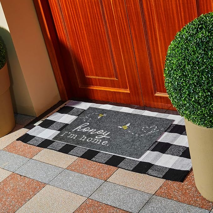 Funny Bee Doormat Honey I'm Home Cute Door Mat Welcome Mats for Front Door Kitchen Rugs Indoor Porch Outdoor Non Slip Durable Rubber Mats Grey Floor Rugs for Outside Entry Farmhouse