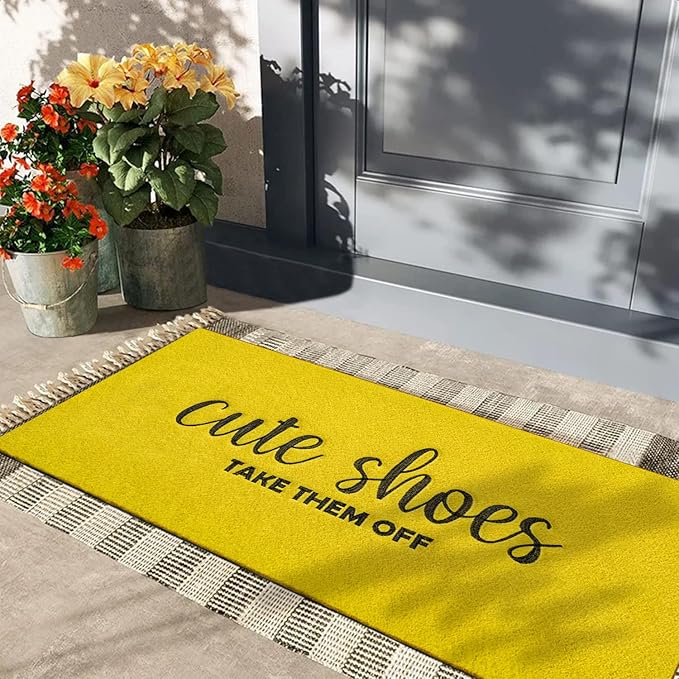 AOAOPQ Doormat Cute Shoes Take Them Off Heavy Duty Easy Clean Doormat Indoor Outdoor Mat for Doorway Kitchen Entry Home Entrance 47x18 inch Yellow