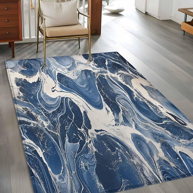 Impressionist Style Area Rugs 2.7'x5', White Blue Blurred Wash Washable Area Rugs Non-Slip Indoor Floor Mats Carpet for Living Room Bedroom Dining Room