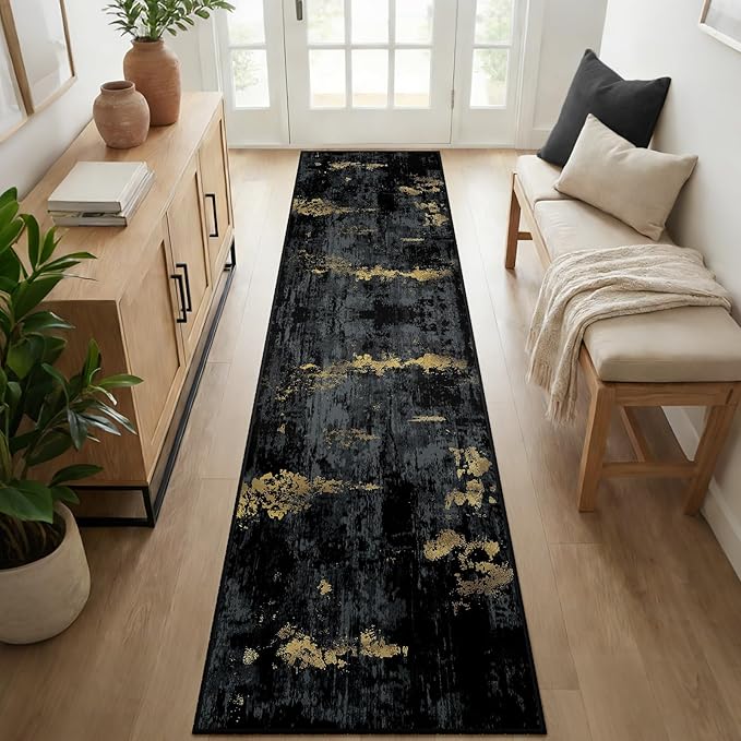 RELEANY Washable Area Rugs 2'6''x10 Non-Slip Modern Abstract Soft for Living Room Entryway Bedroom Nursery, Print Pattern, Dark Black Gold