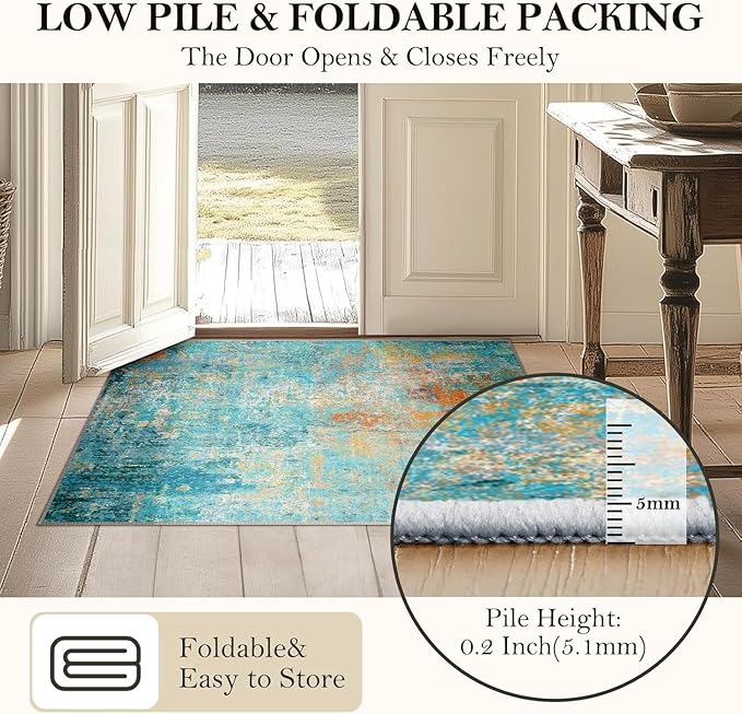 RELEANY Washable Area Rugs 8ft Non-Slip Modern Abstract Soft for Living Room Entryway Bedroom Nursery, Print Pattern, Teal Blue Green Orange Rust Red Coloreful