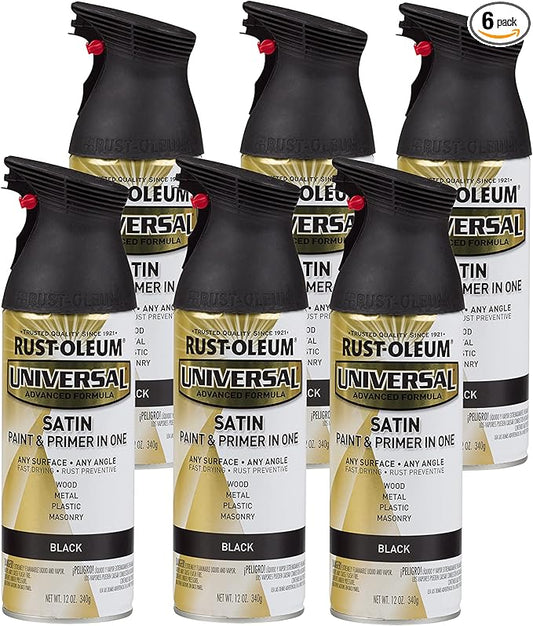 Rust-Oleum 245197-6PK Universal All Surface Spray Paint, 12 oz, Satin Black, 6 Pack