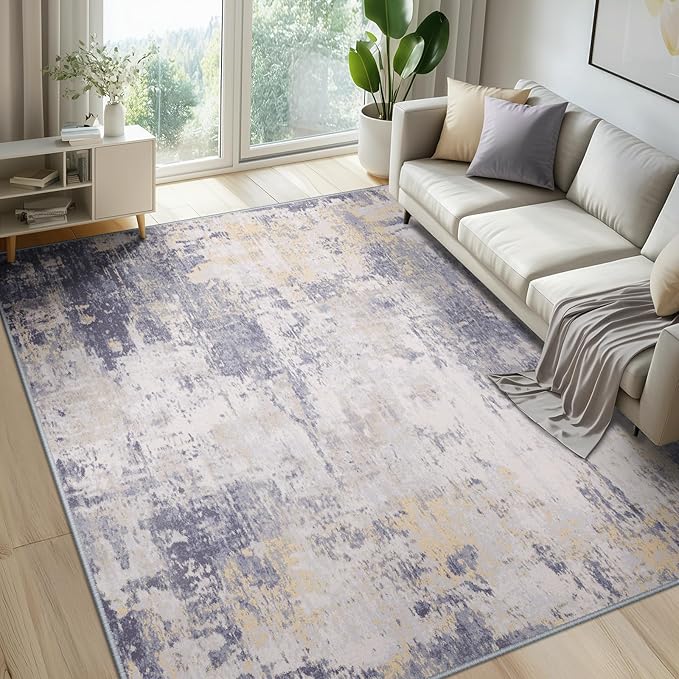 RELEANY Washable Area Rugs 9'x12' Non-Slip Modern Abstract Soft for Living Room Entryway Bedroom Nursery, Print Pattern, Purple Grey Cream Yellow