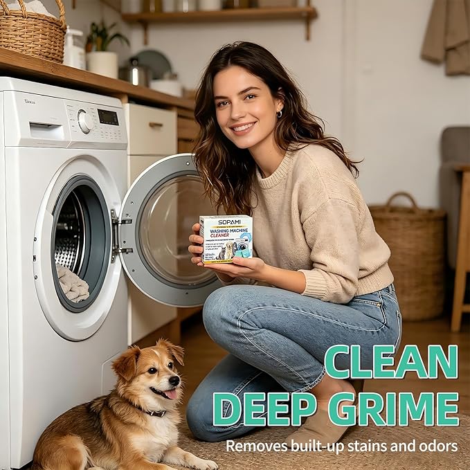 SOPAMI Washing Machine Cleaner Tablets 12 Pack, Deep Clean HE Front Load Top Load Washer, Remove Stubborn Pet Hair Odors, Septic Safe Pet Owner Solution washing machine tablets