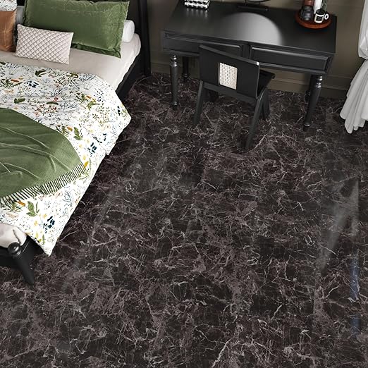 Wallercity Marble Peel and Stick Floor Tile Easy to Clean Waterproof Flooring for Kitchen Bathroom Bedroom Light Balck Vinyl Flooring Self Adhesive Floor Tile Stickers Durable Removable Tiles 18PCS