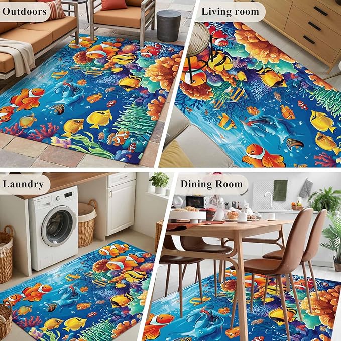 Ocean Marine 3'x5' Area Rugs, Life Fish Coral Seagrass Underwater Coastal Washable Area Rugs Non-Slip Indoor Floor Mats Carpet for Living Room Bedroom Dining Room