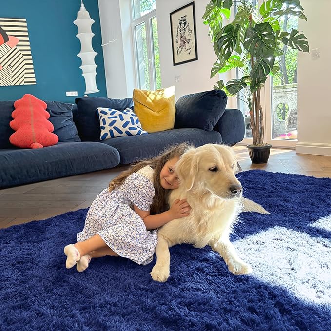 OLANLY 5x6 Area Rugs for Living Room Bedroom, Machine Washable Soft Fluffy Shaggy Bedside Rug, Indoor Floor Carpet for Kids Girls and Boys, Dorms, Nursery Rooms, Home Decor Aesthetic, Navy Blue