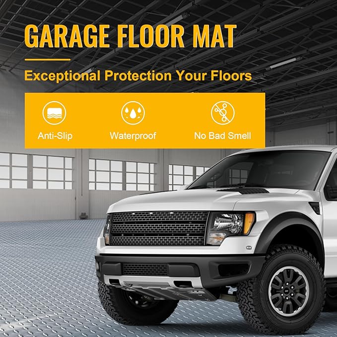 7.5x25 FT Garage Floor Mat, 2.8mm Thickened Flooring Roll Under Car Mat with 20Pcs Tapes, Diamond Plate, Non-Slip Floor Protector Mat for Trailer, Garage, Warehouse, Gyms, Trailer, Gray