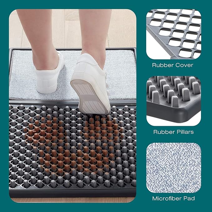 Sanitizing Shoe Door Mat - Disinfecting - Quick 2 Step Cleaning - Durable - Ultra Absorbent - Anti Slip Bottom - Automatic Shoe Sole Cleaner - 17” x 13”