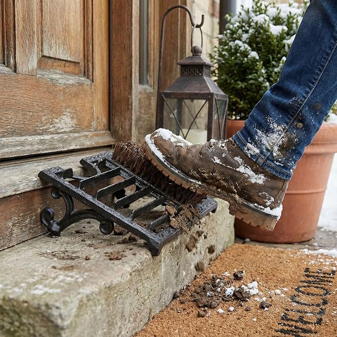 Cast Iron Shoe Cleaner Mat and Boot Scraper, 13 x 8.5 x 4 Inches, Heavy Duty Metal Mud Scrubber with Decorative Vintage Black Finish, 1-Pack, for Outdoor Entryway Porch Mudroom and Garage