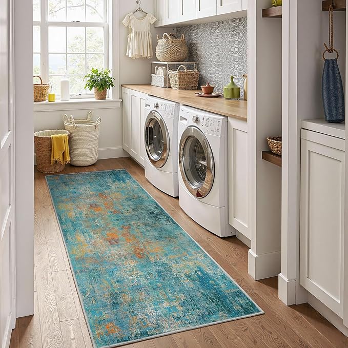 RELEANY Washable Area Rugs 2'x8' Non-Slip Modern Abstract Soft for Living Room Entryway Bedroom Nursery, Print Pattern, Teal Blue Green Orange Rust Red Coloreful
