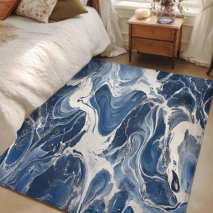 Impressionist Style 4'x6' Area Rugs, White Blue Blurred Wash Washable Area Rugs Non-Slip Indoor Floor Mats Carpet for Living Room Bedroom Dining Room