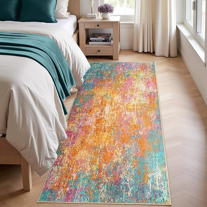 RELEANY Washable Area Rugs 2'x8' Non-Slip Modern Abstract Soft for Living Room Entryway Bedroom Nursery, Print Pattern, Orange Blue Pink Yellow Colorful