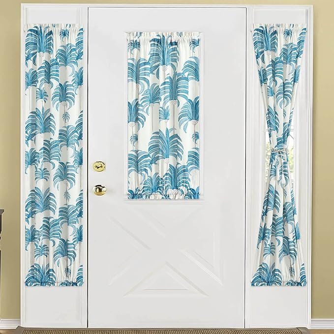 VOGOL French Sidelight Door Curtains, 25 x 72 Inches Linen Textured Curtain Panels, Blue Leaves Printed Rod Pocket Drapes for Front Glass Door, 1 Piece
